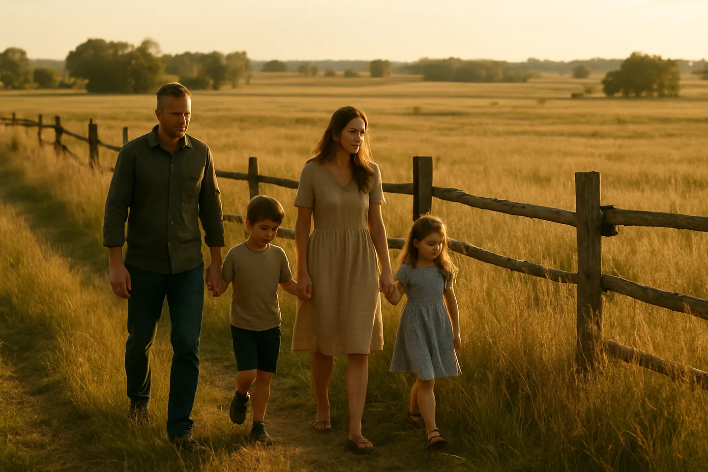 Family walking along inherited rural property