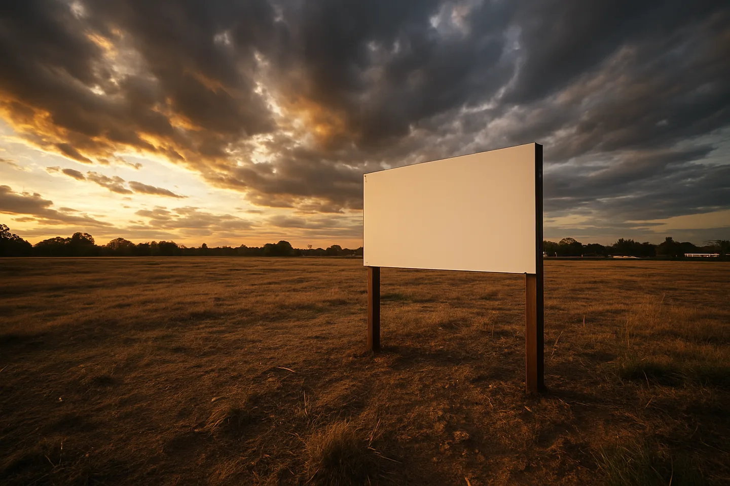 Vacant land parcel with real estate sign at golden hour
