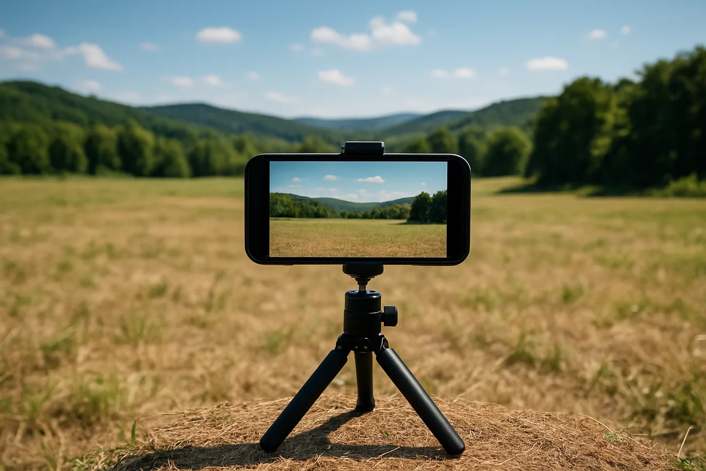 Smartphone on tripod photographing a vacant land parcel