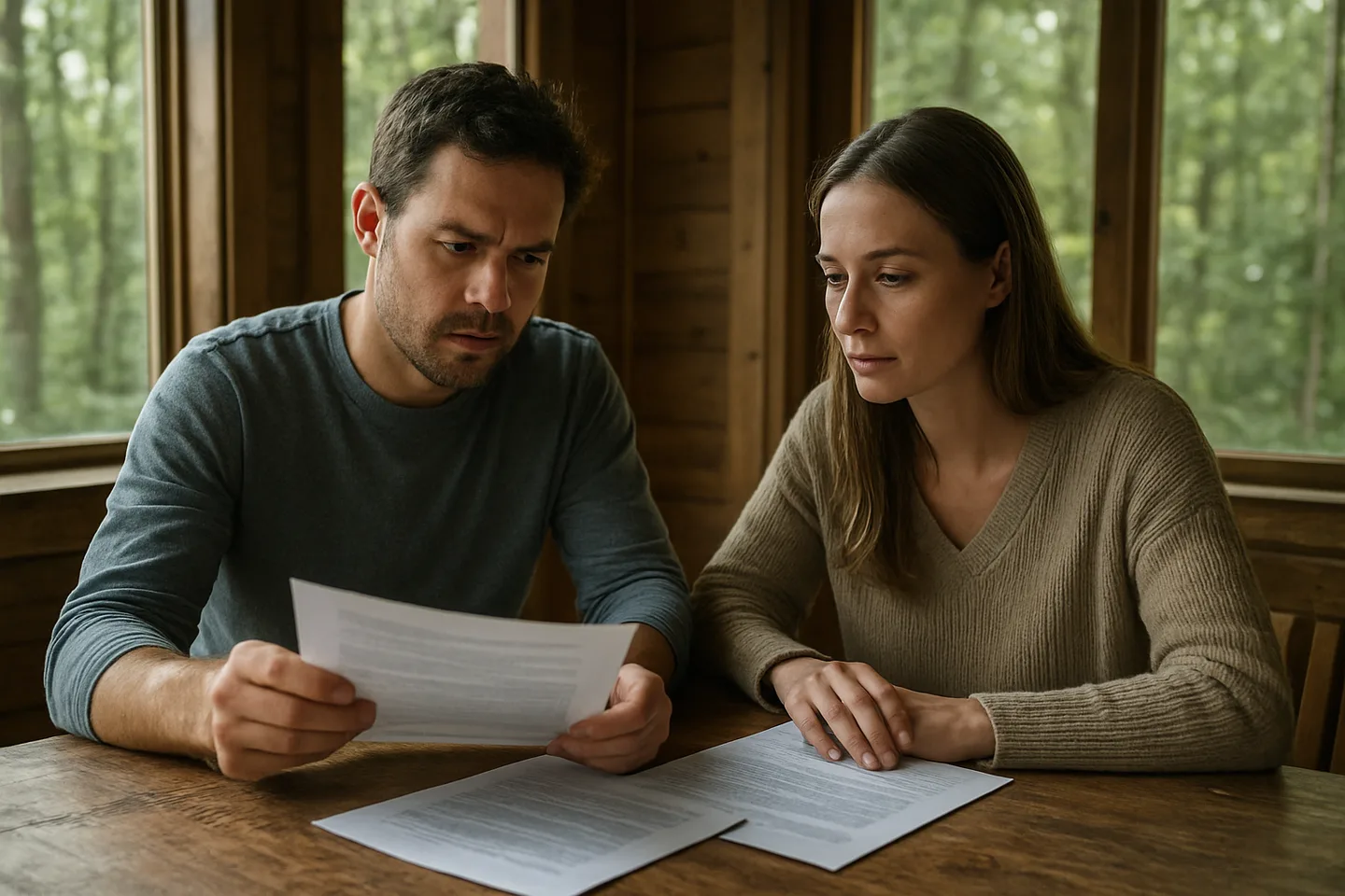 Two people reviewing land sale documents without a realtor