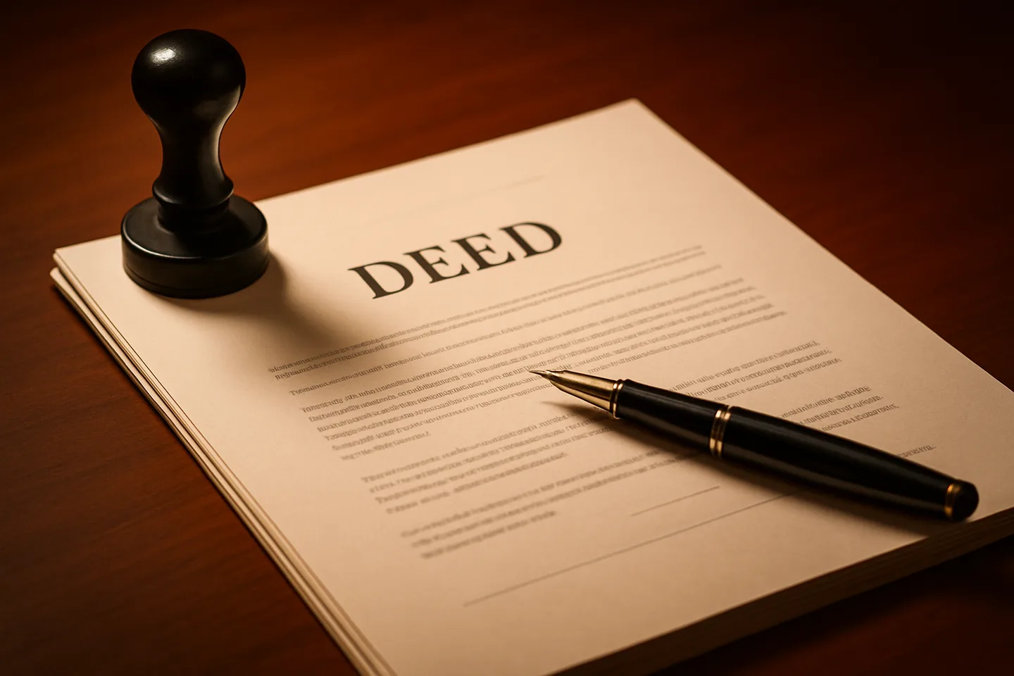 Legal land deed with notary stamp and fountain pen on desk
