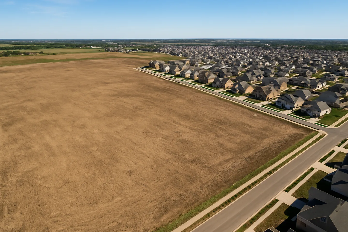 Aerial view of undeveloped land next to new construction