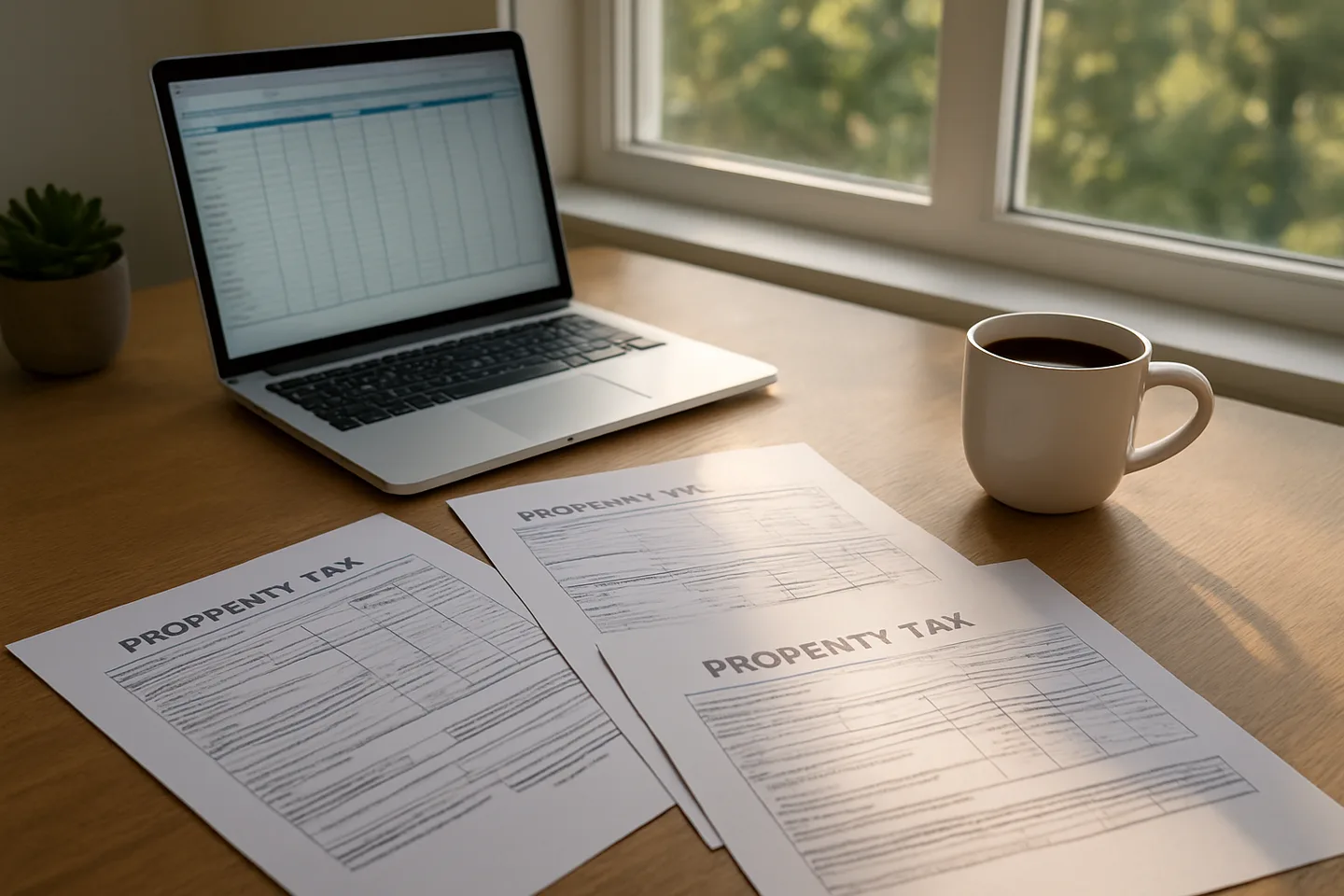 Property tax documents and laptop on a desk
