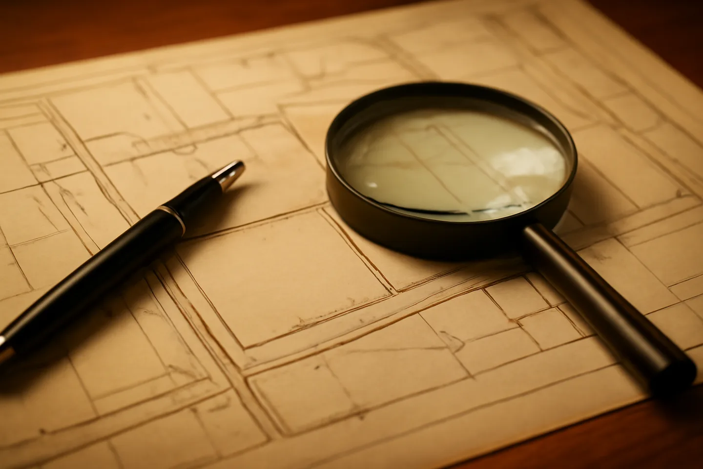 Property survey map and magnifying glass on a table