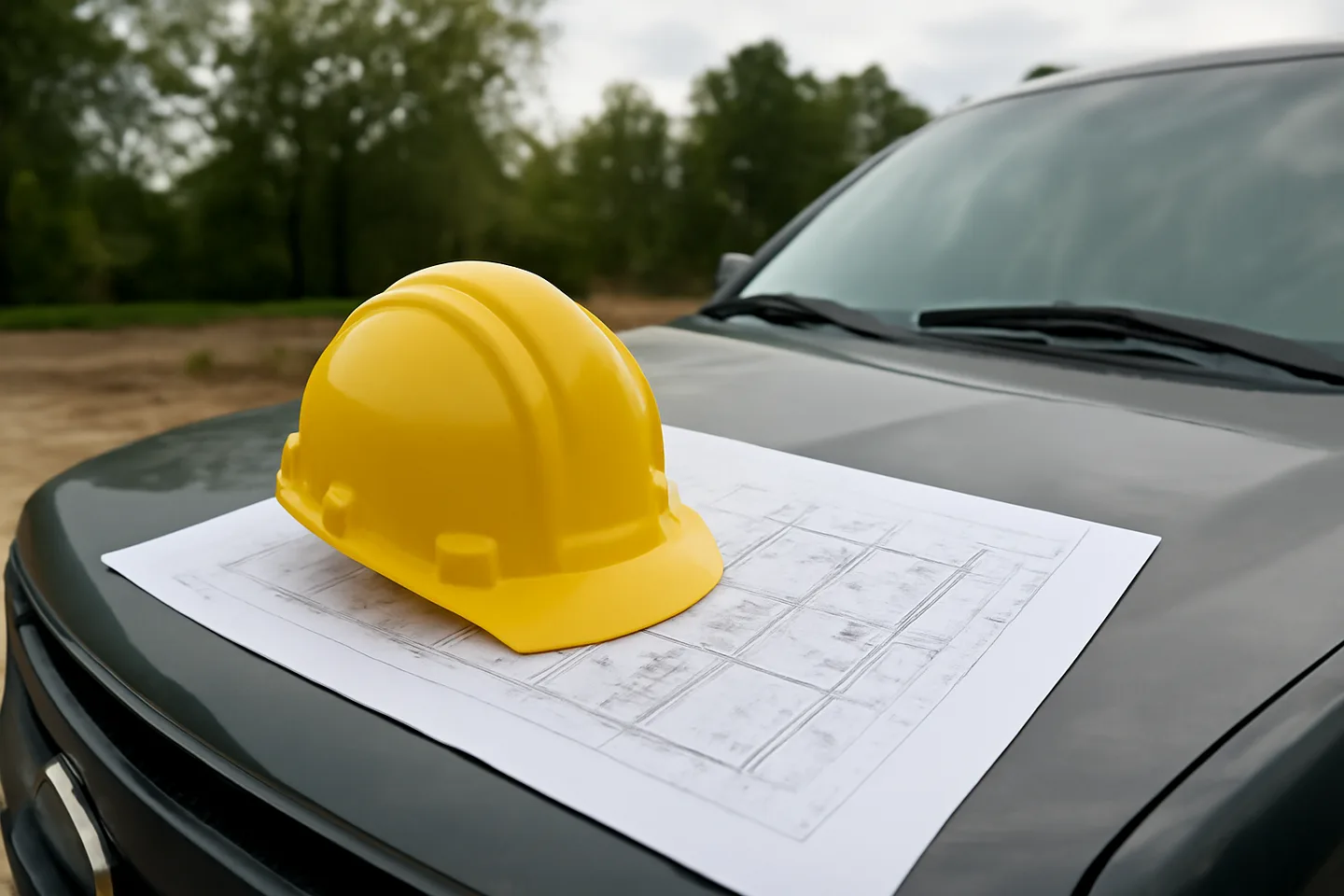 Blueprints and hard hat on a truck hood at a construction site