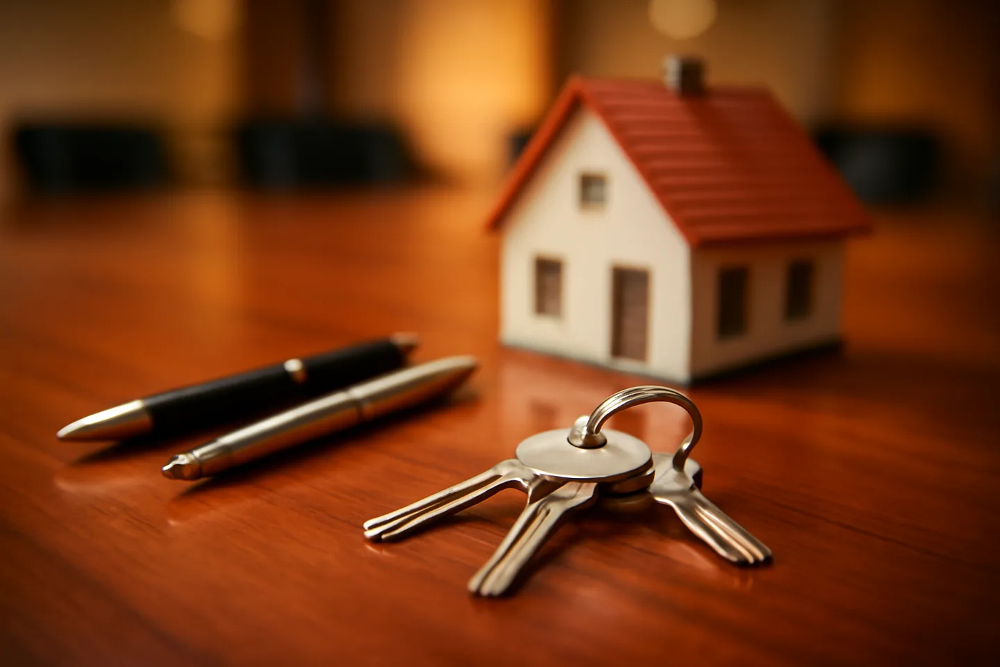 Property closing table with signed documents and keys from above