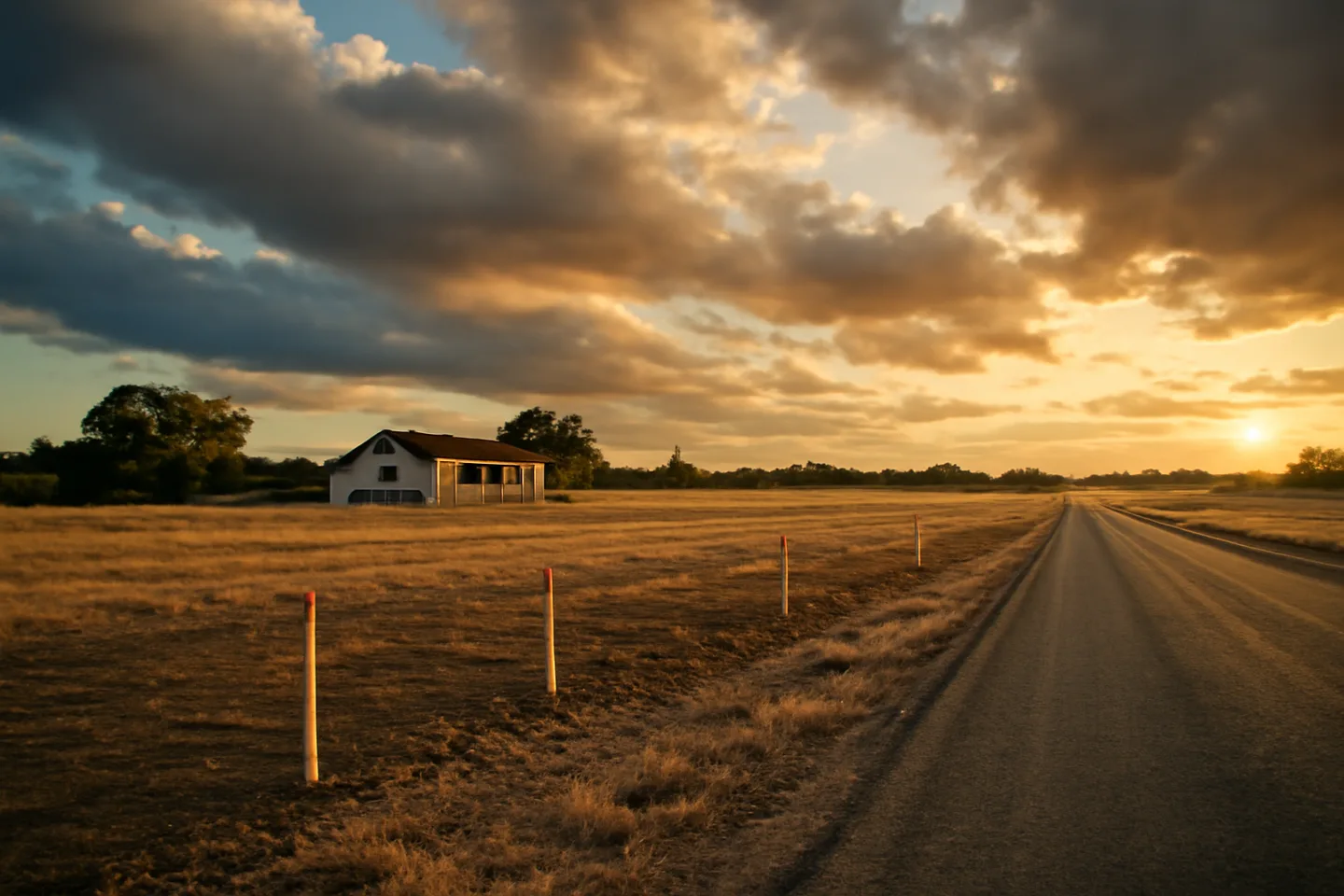 Rural property with survey stakes along a county road